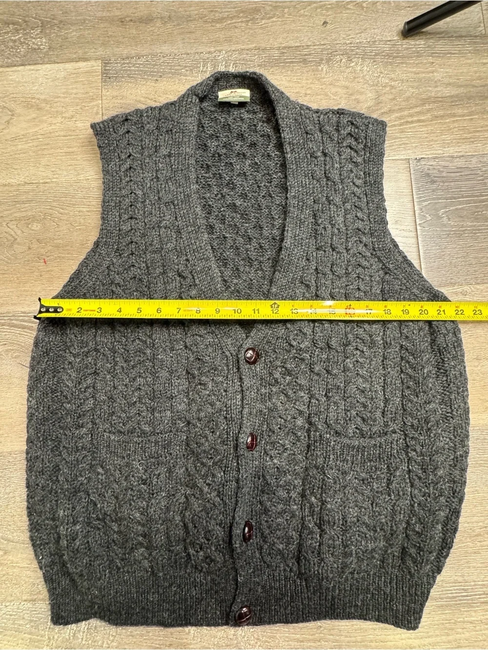 100% Wool made in Ireland Charcoal Cable Knit Vest -Sleeveless Button Front 1081